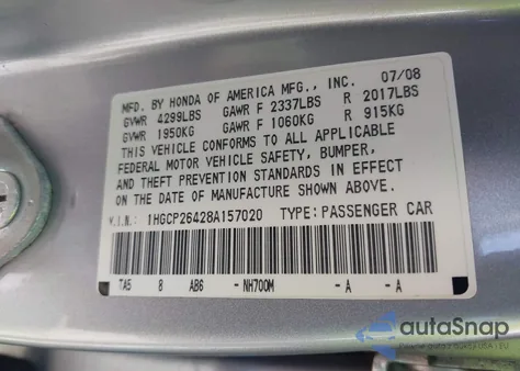 2008 Honda Accord 2.4 Lx-P from USA, damaged, VIN 1HGCP26428A157020
